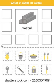 What is made of metal. Educational game with cards for kids. Cut and paste.