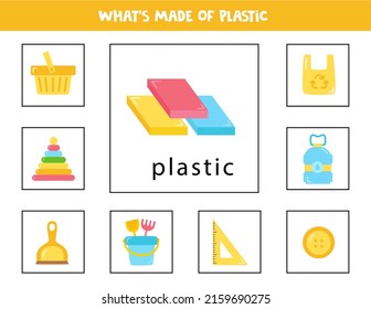Lo que está hecho de plástico. Tarjeta educativa para niños. Hoja de trabajo para niños.