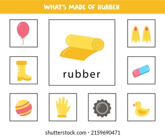 What is made of rubber. Educational card for kids. Worksheet for children.