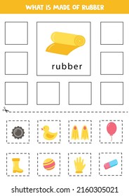 What is made of rubber. Educational game with cards for kids. Cut and paste.