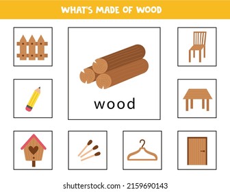 Lo que está hecho de madera. Tarjetas educativas para niños. Hoja de trabajo para niños.