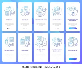 What makes website successful blue gradient onboarding mobile app screen set. Walkthrough 5 steps instructions with linear concepts. UI, UX, GUI template. Myriad Pro-Bold, Regular fonts used
