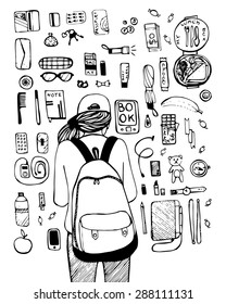 What in my bag ? A lot of different things . Vector doodle black and white  illustration EPS 10