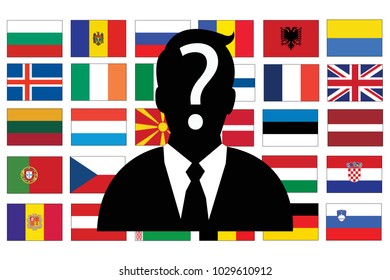 What nationality citizenship is he? Eps vector illustration of silhouette of unrecognizable man with question tag on face on background of flags. 