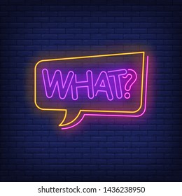 What neon lettering in speech bubble. Communication, conversation, message, chat design. Night bright neon sign, colorful billboard, light banner. Vector illustration in neon style.
