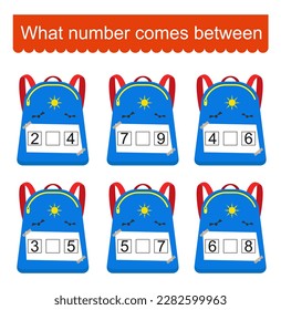 What number comes between? Math worksheets for kids. Vector illustration