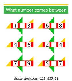 What number comes between? Math worksheets for kids. Vector illustration.