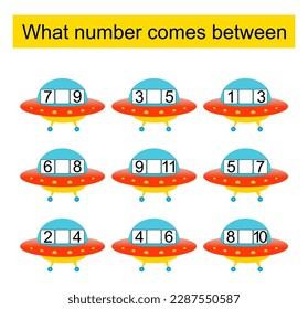 What number comes between? Math worksheets for kids. Vector illustration.