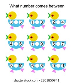 What number comes between? Math worksheets for kids. Vector illustration.