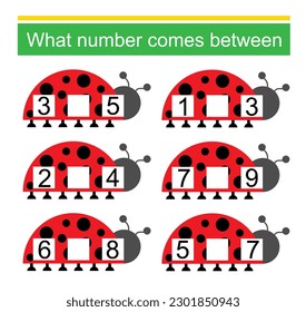 What number comes between? Math worksheets for kids. Vector illustration.