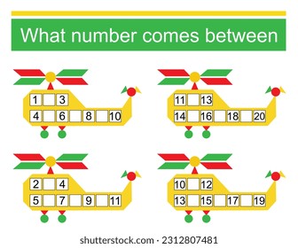 What number comes between? Math worksheets for kids. Vector illustration.