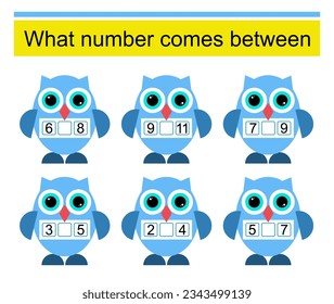 What number comes between? Math worksheets for children. Vector illustration of cartoon owl.