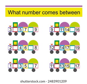 What number comes between? Math worksheets for kids. Vector illustration of cartoon train.