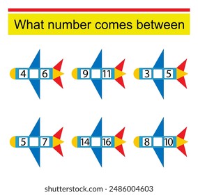 What number comes between? Math worksheets for kids. Vector illustration of cartoon airplane.