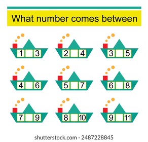 What number comes between? Math worksheets for kids. Vector illustration of cartoon paper boat.