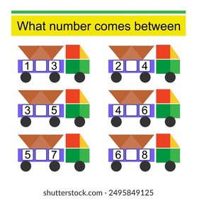 What number comes between? Math worksheets for kids. Vector illustration of cartoon truck.