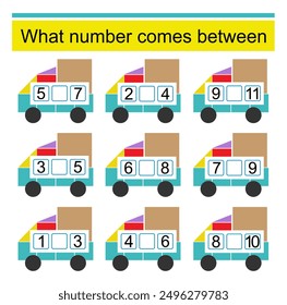 What number comes between? Math worksheets for kids. Vector illustration of cartoon car.