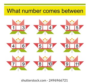 What number comes between? Math worksheets for kids. Vector illustration of cartoon flower.