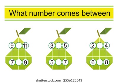 What number comes between? Math worksheets for children. Vector illustration of cartoon pear.