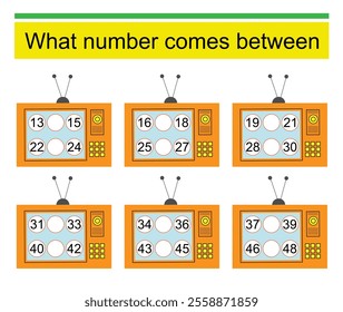 What number comes between? Math worksheets for children. Vector illustration of cartoon TV.