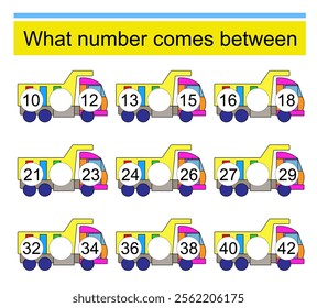 What number comes between? Math worksheets for children. Vector illustration of cartoon dump truck.