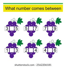 What number comes between? Math worksheets for children. Vector illustration of cartoon grapes.
