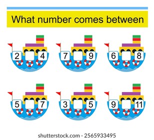 What number comes between? Math worksheets for children. Vector illustration of cartoon boat.