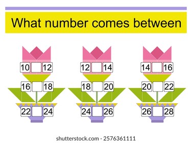 What number comes between? Math worksheets for children. Vector illustration of cartoon roses.