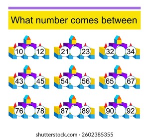 What number comes between? Math worksheets for children. Vector illustration of cartoon pyramid.