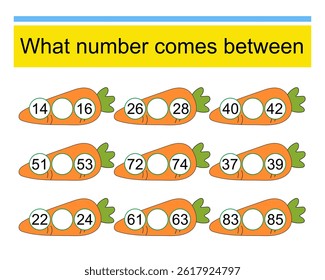 What number comes between? Math worksheets for children.