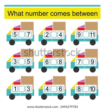 What number comes between? Math worksheets for kids. Vector illustration of cartoon car.