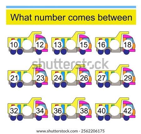 What number comes between? Math worksheets for children. Vector illustration of cartoon dump truck.