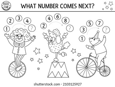 What number comes next. Black and white continue the row game with numerals and cute circus artists. Amusement show logical math coloring page with clown, poodle, bear on bike
