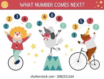 What number comes next. Continue the row game with numerals and cute circus artists. Amusement show logical math activity for preschool kids with clown, poodle, bear on bike
