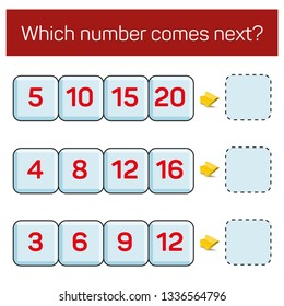 What number comes next educational children's game. Kids activity worksheet, educational logic. Math game with numbers for school year kids.