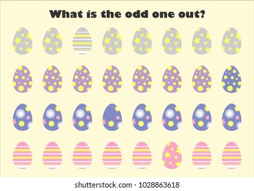 What is the odd one out for children, easter eggs in cartoon style, fun education game for kids, preschool worksheet activity, task for the development of logical thinking, vector illustration