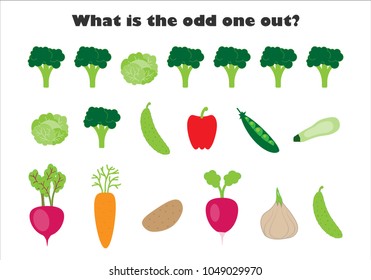 What is the odd one out for children, vegetables in cartoon style, fun education game for kids, preschool worksheet activity, task for the development of logical thinking, vector illustration