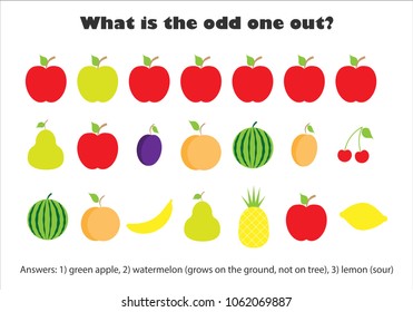 What Is The Odd One Out For Children, Fruit In Cartoon Style, Fun Education Game For Kids, Preschool Worksheet Activity, Task For The Development Of Logical Thinking, Vector Illustration