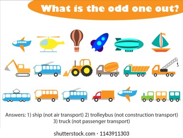 What is the odd one out for children, transport in cartoon style, fun education game for kids, preschool worksheet activity, task for the development of logical thinking, vector illustration