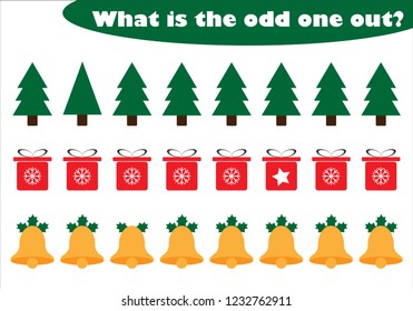 What is the odd one out for children, christmas theme in cartoon style, fun education game for kids, preschool worksheet activity, task for the development of logical thinking, vector illustration