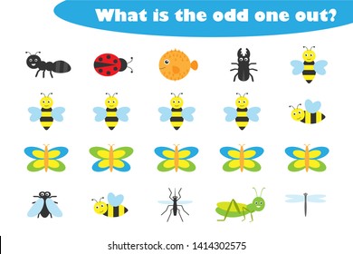 What is the odd one out for children, insects theme in cartoon style, fun education game for kids, preschool worksheet activity, task for the development of logical thinking, vector illustration