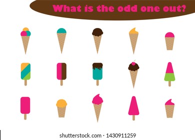 What is the odd one out for children, ice cream theme in cartoon style, fun education game for kids, preschool worksheet activity, task for the development of logical thinking, vector illustration