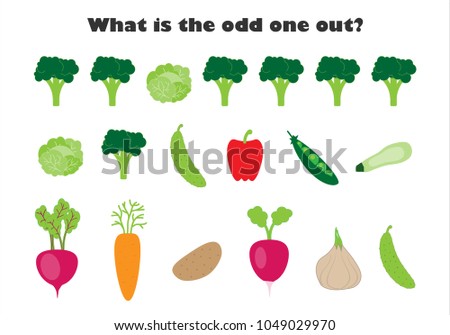 What is the odd one out for children, vegetables in cartoon style, fun education game for kids, preschool worksheet activity, task for the development of logical thinking, vector illustration