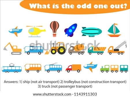What is the odd one out for children, transport in cartoon style, fun education game for kids, preschool worksheet activity, task for the development of logical thinking, vector illustration