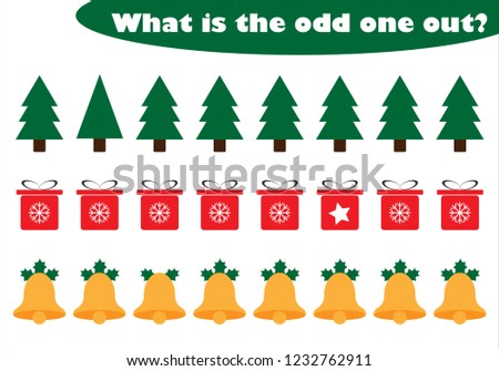 What is the odd one out for children, christmas theme in cartoon style, fun education game for kids, preschool worksheet activity, task for the development of logical thinking, vector illustration