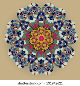 What is karma? Oriental mandala motif round lase pattern on the yellow background, like snowflake or mehndi paint of orange color. Ethnic backgrounds concept. Indian, Islamic, Persian, Asian,Zen motif