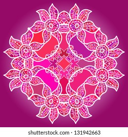 what is karma? Oriental mandala motif round lase pattern on the violet background, like snowflake or mehndi paint of deep pink color