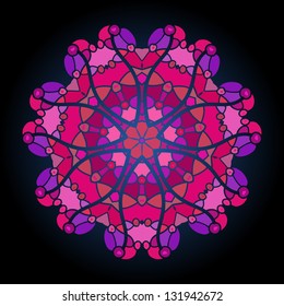 what is karma? Oriental mandala motif round lase pattern on the violet background, like snowflake or mehndi paint of deep pink color