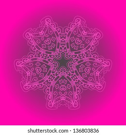 What is karma? Oriental mandala motif round lase pattern on the violet background, like snowflake or mehndi paint of deep pink color