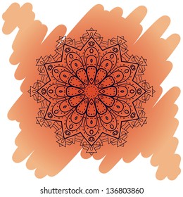 what is karma? Oriental mandala motif round lase pattern on the brown background, like snowflake or mehndi paint of orange color. Ethnic backgrounds concept